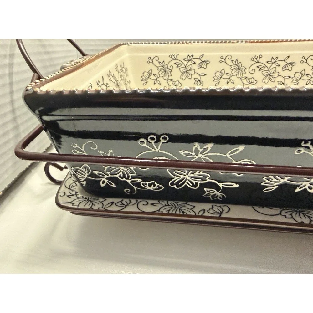 Temp-tations Floral Lace 13x9 Baking Dish Black Brown 4 QT Rack,Lid Hot Plate